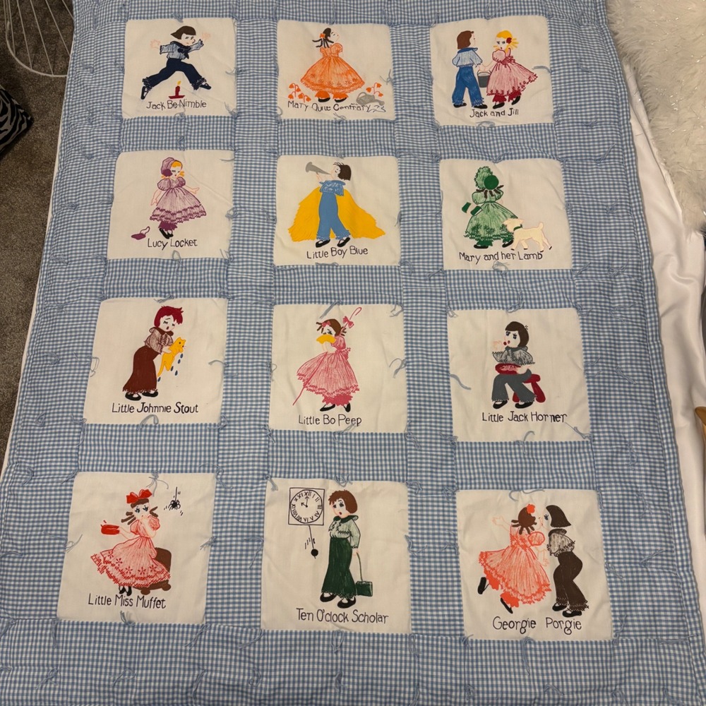 Vintage Nursery Rhyme Crib Quilt Hand Painted Gingham Blue White 12 Panel